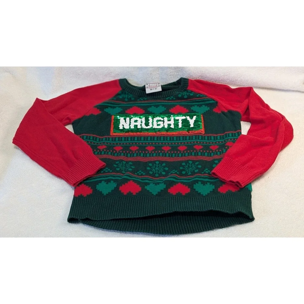Naughty Nice Christmas Sweater Reversible Sequin Kids Size M (7-8) by Well Worn